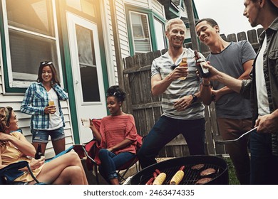 Friends, group and cheers in backyard with bbq for social event, party and celebration with beer in garden. People, drinking alcohol and food with relax, conversation or diversity at barbecue reunion - Powered by Shutterstock