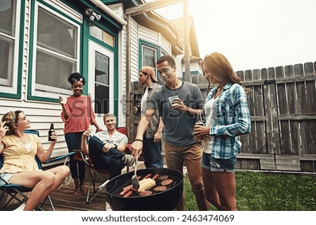 Friends, group and drinking in backyard with bbq for social event, party and celebration with talking in home. People, alcohol beer and food with relax, conversation and diversity at barbecue reunion