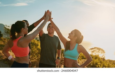 Friends, group and high five or outdoor exercise on mountain for trail running, support or fitness. Men, women and hand gesture for training goals or sport target or celebration, morning or nature - Powered by Shutterstock