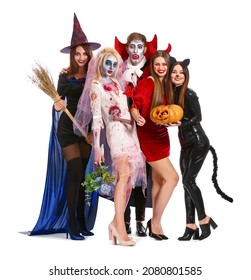 Friends In Halloween Costumes On White Background