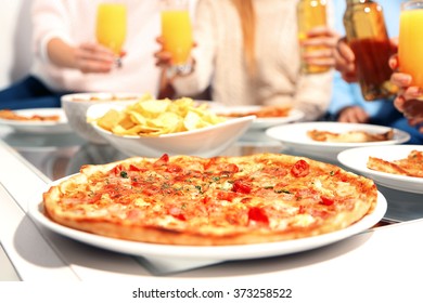 Friends Hands Holding Hot Pizza, Close Up