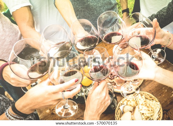 Friends hands toasting red wine glass and having\
fun outdoors cheering with winetasting - Young people enjoying\
harvest time together at farmhouse vineyard countryside - Youth and\
friendship concept