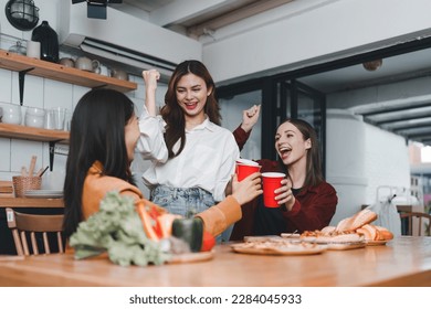 Friends hangout. Young female celebrating birthday party at weekend at home, eating pizza, drinking champagne, party, lifestyle, friendship - Shutterstock ID 2284045933