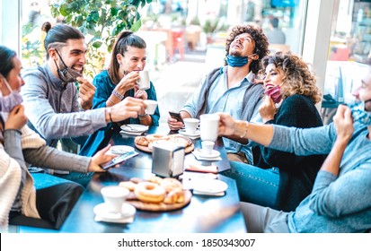 Friends having fun drinking and eating at coffeehouse - Young people talking together at restaurant cafeteria - New normal lifestyle concept with happy men and women at cafe bar - Bright azure filter