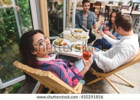 Similar – Image, Stock Photo Young happy couple looking smartphone outdoors in summer