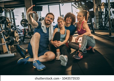Friends Having Fun At The Gym. Making A Selfie Photo.