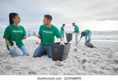 Friends, help and recycling with people on beach for sustainability, environment and eco friendly. Climate change, earth day and nature with volunteer and plastic for cleaning, energy and pollution - Powered by Shutterstock