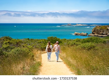 Friends Hiking On Pathway By The Ocean. Año Nuevo State Park, California, USA.