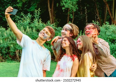 Friends At Holi Fest Taking Selfie On The Phone. Having Fun