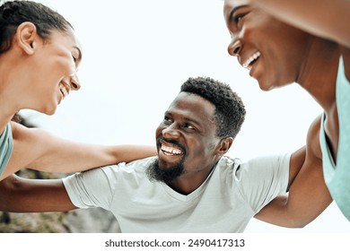 Friends, huddle and smile for workout, outdoor and diversity of group, fitness and happy for routine in morning. Sky, women and man in team, runner and exercise for summer body, goal and together - Powered by Shutterstock