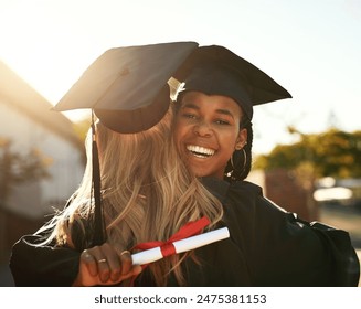 Friends, hug and girl at graduation for success, education and celebration at college. Happiness, award and female learner with student for portrait, certificate and achievement at university - Powered by Shutterstock