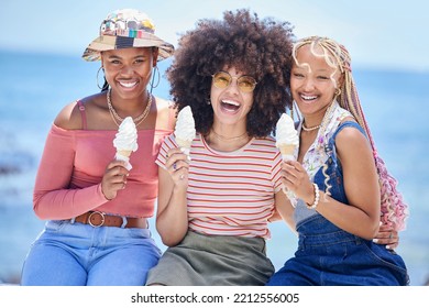 Friends, ice cream and smile at ocean to relax, vacation or holiday in summer. Black woman, happy and dessert on cone at ocean in sunshine together for nature, happiness and sun in Rio de Janeiro - Powered by Shutterstock