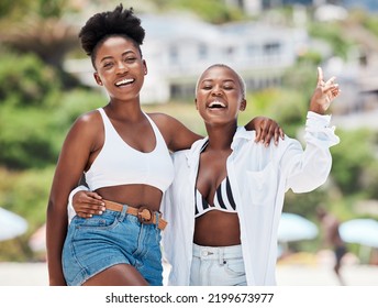 Friends or lesbian couple on summer holiday and gen z trendy fashion at outdoor retreat, getaway or vacation. Happy portrait of black women or lgbtq people having fun in the sun with peace or v sign