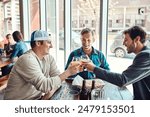 Friends, men and toast in pub for beer with laugh for reunion, social gathering and date. Bar, people and smile with glass for drinking alcohol for fun, bonding and together with support and care