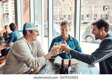 Friends, men and toast in pub for beer with laugh for reunion, social gathering and date. Bar, people and smile with glass for drinking alcohol for fun, bonding and together with support and care - Powered by Shutterstock