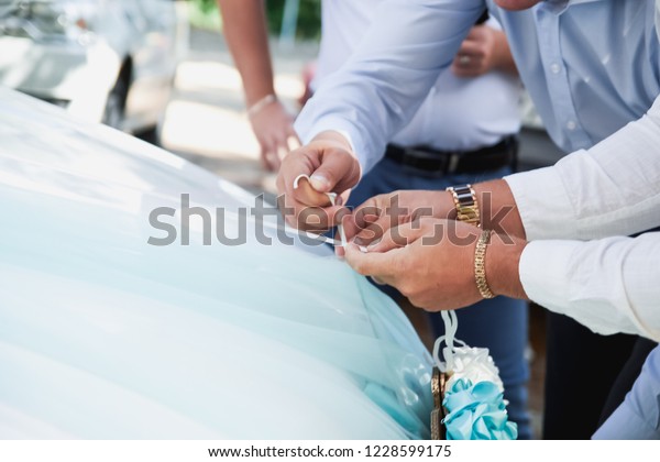 Friends Newlyweds Decorate Car Decorative Colors Stock Photo Edit