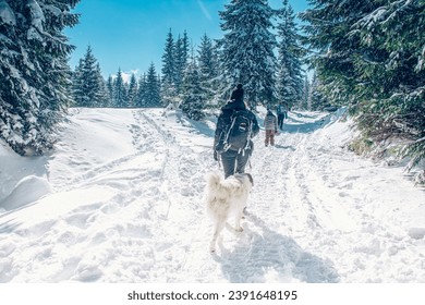 Friends on a mountain hike in the winter holiday with dog - Powered by Shutterstock