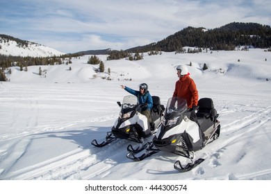 Friends On Snowmobile, Jackson Hole, Wyoming