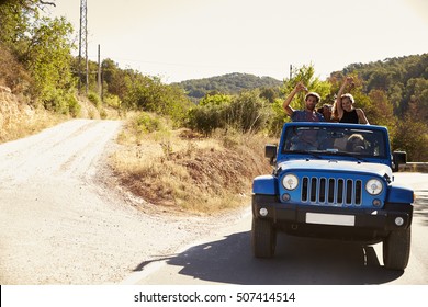 Friends In An Open Car, Passengers Standing In The Back