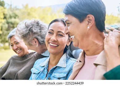 Friends, park and senior women laughing at funny joke, crazy meme or comedy outdoors. Comic, face and happy group of retired females with humor bonding, talking and enjoying time together in nature. - Powered by Shutterstock