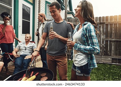 Friends, people and drinking in garden with bbq for social event, party and celebration with laughing in home. Group, alcohol beer and food with relax, conversation and diversity at barbecue reunion - Powered by Shutterstock