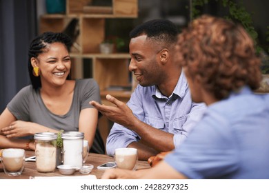 Friends, people relax together at coffee shop and bonding with conversation, diversity and trust outdoor in San Francisco. Support, loyalty and friendship date at cafe for social gathering or reunion - Powered by Shutterstock