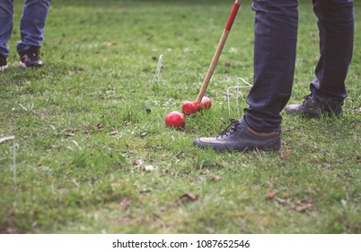 Friends Playing Croquet In Backyard Together