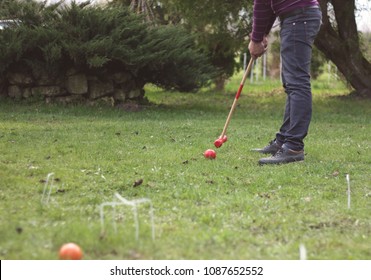 Friends Playing Croquet In Backyard Together