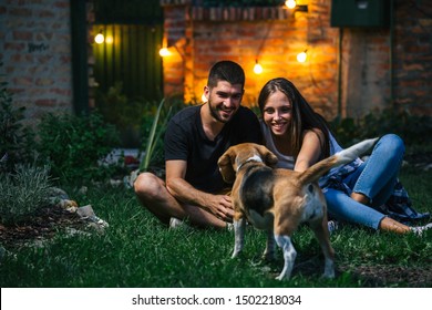 Friends Playing With Their Dog Outdoor At Home Backyard. Night Scene