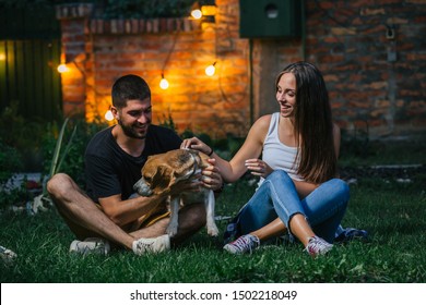 Friends Playing With Their Dog Outdoor At Home Backyard. Night Scene