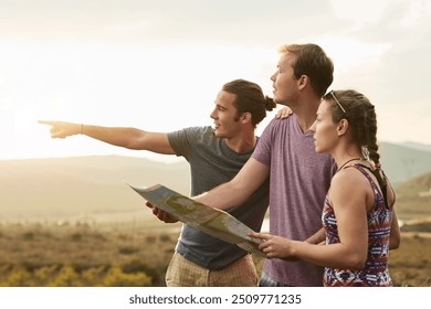 Friends, pointing and map for hiking outdoor with trekking direction, travel location and communication. People, navigation guide and planning route, explore trail and path solution of adventure view - Powered by Shutterstock