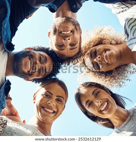 Similar – Young happy people with their heads together having fun in summer party