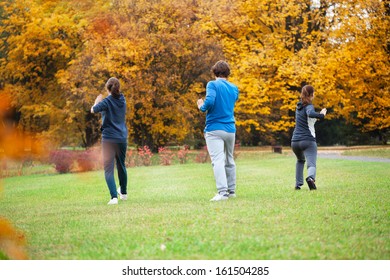 Friends Practicing Tai Chi In Autumn Park