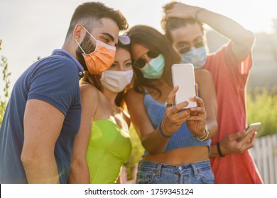 Friends With Protective Safety Mask Having Fun Making Selfies During Coronavirus Pandemic In The Summer.