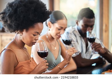 Friends red wine tasting fine dining experience at a vineyard restaurant for about us and hospitality. Group of black people glass of luxury, quality alcohol drink in a winery business or industry
