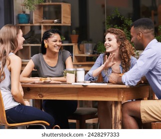 Friends, relax with people at cafe and conversation for bonding, diversity and trust outdoor in San Francisco. Support, loyalty and friendship date in coffee shop for social gathering or reunion - Powered by Shutterstock