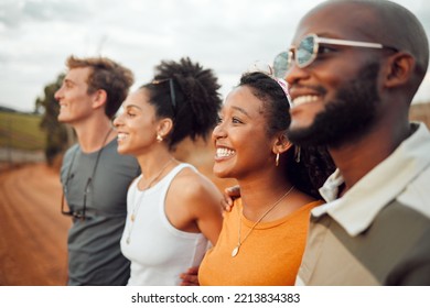 Friends, road trip and smile of happy people enjoying a view outdoor with happiness. Diversity of friend group standing together feeling calm about travel showing community, joy and care - Shutterstock ID 2213834383