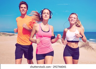 Friends Running On The Beach Happy In Summer Sunny Day