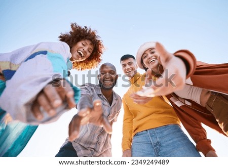 Friends, selfie and hands outdoor for social media, fashion and fun adventure. Below diversity, youth and portrait of student group or men and woman for profile picture, memory and freedom in nature