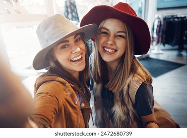 Friends, selfie and shopping date with women, smile and happiness together with retail, sale and discount at mall. Portrait, photograph and memory for social media, customer and urban boutique shop - Powered by Shutterstock