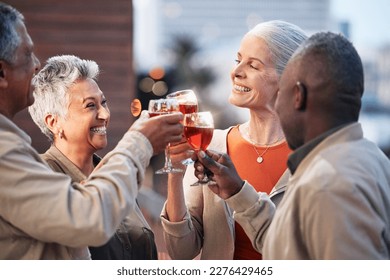 Friends, senior people with wine and retirement party, cheers and glasses with happiness, celebration and fun outdoor. Mature, men and women with diversity, alcohol drink and celebrate with team - Powered by Shutterstock