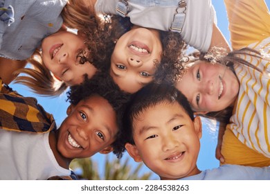 Friends, smile and below portrait of children outdoors for summer holiday, weekend and playing games together. Childhood, friendship and group of kids in circle for diversity, community and support - Powered by Shutterstock