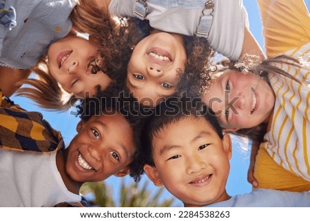 Friends, smile and below portrait of children outdoors for summer holiday, weekend and playing games together. Childhood, friendship and group of kids in circle for diversity, community and support