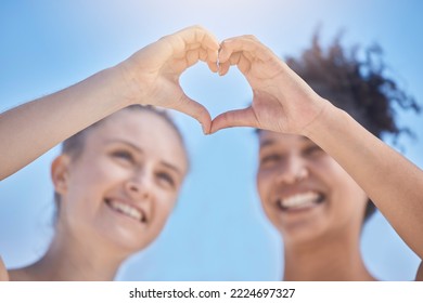 Friends, Smile And Heart Hands On Blue Sky, Women Happy Together With Love And Support In Summer Sun. Woman, Girl Friend And Happiness, Hands Join To Heart Sign For Friendship, Solidarity And Trust.