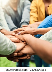 Friends, support and stack of hands of people for motivation, community and friendship outdoors. Teamwork, diversity and huddle of men and woman together for trust, commitment and solidarity in park