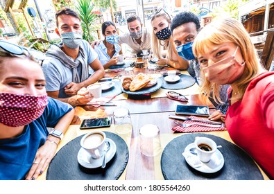 Friends Taking Selfie At Coffee Bar - New Normal Lifestyle Concept With Young People Having Fun Together At Restaurant Cafe Covered By Face Masks - Bright Vivid Filter