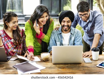 Friends Technology Devices Smiling Indoors Concept