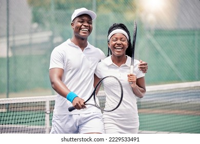 Friends, tennis and happy smile, fitness and racket after sport training, workout and practice at outdoor. Black man, woman and athlete couple, happiness and sports practice on tennis court together - Powered by Shutterstock