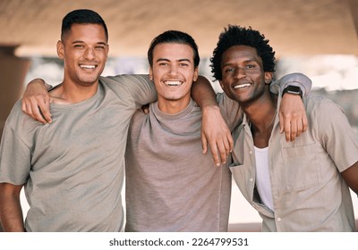 Friends together, portrait and men outdoor with hug, relax and happy with diversity, smile and freedom. Friendship, care and bonding with solidarity, support and young people with bond and trust - Powered by Shutterstock