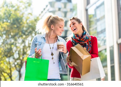 Friends, Two Women, Shopping With Bags In City